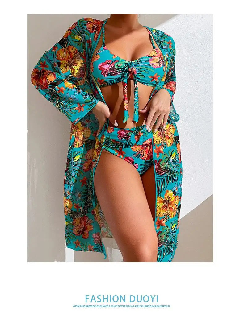 Split Three Piece Floral Printed Swimsuit Women Bikini Set Wireless Bra with Pad Sport Top Long sleeve Blouse Swimwear Plus Size