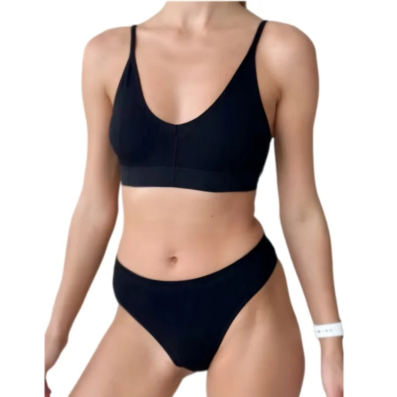 Women Seamless Bra Set Push Up Bras V-neck Tops High Rise Briefs Seamless Underwear Wire Free Brassiere Sexy Lingerie Set