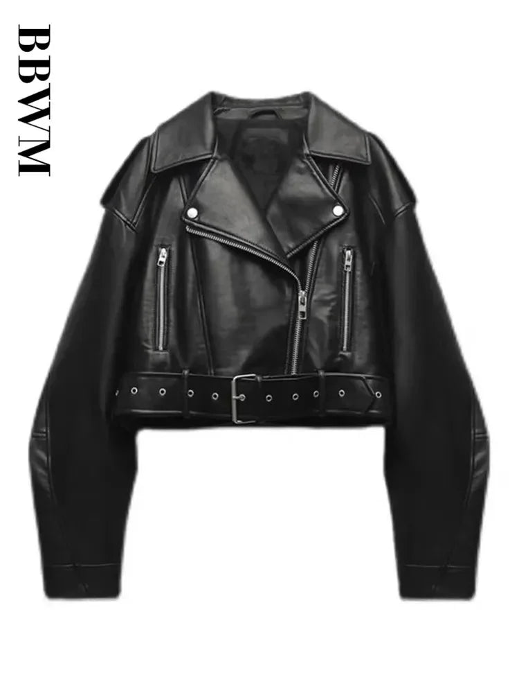 BBWM Women Oversized Vintage Loose Pu Faux Leather Short Jacket with Belt Streetwear Female Zipper Retro Moto Biker Coat Outwear