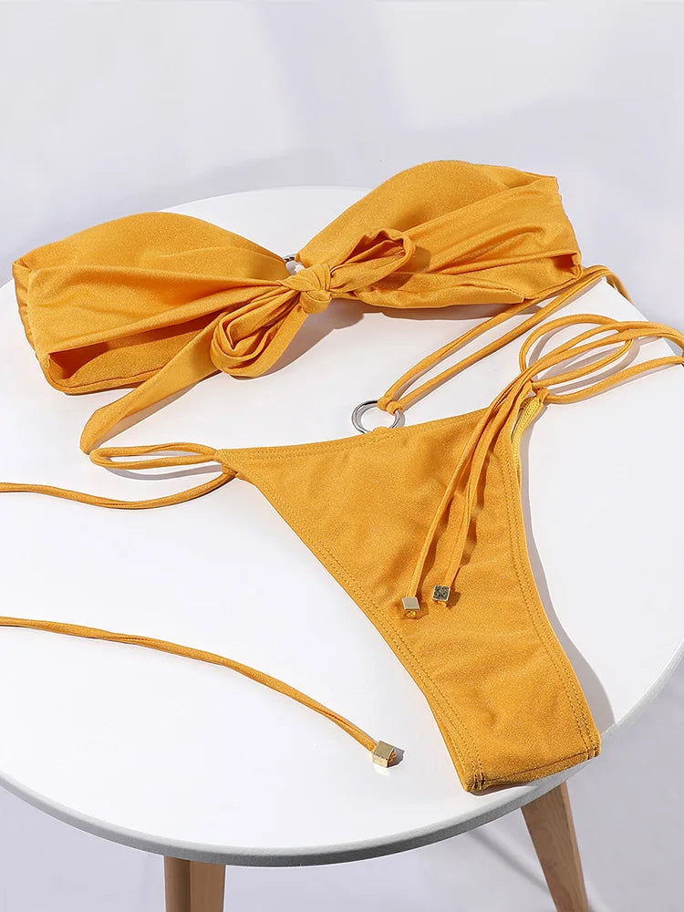Rinabe Sexy Bikini 2026 Swimsuit Shiny Bikinis Thong Biquini Feminino Swimwear Triangle Bikini Set Bathing Suit Women Beachwear