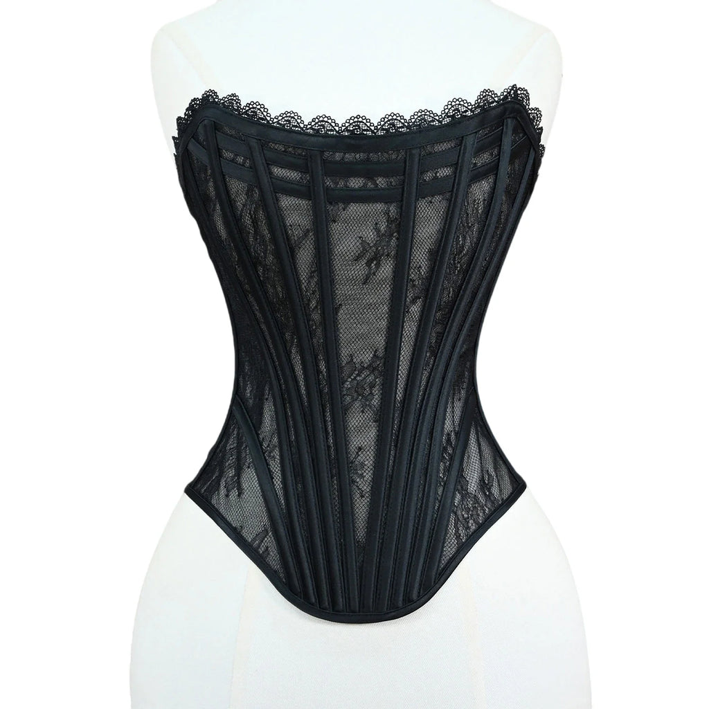 Women Luxury Transparent Mesh Corset Bustier Overbust Lace Up Boned Bodice Sexy Straoless Tube Tops For Wedding Party Costume