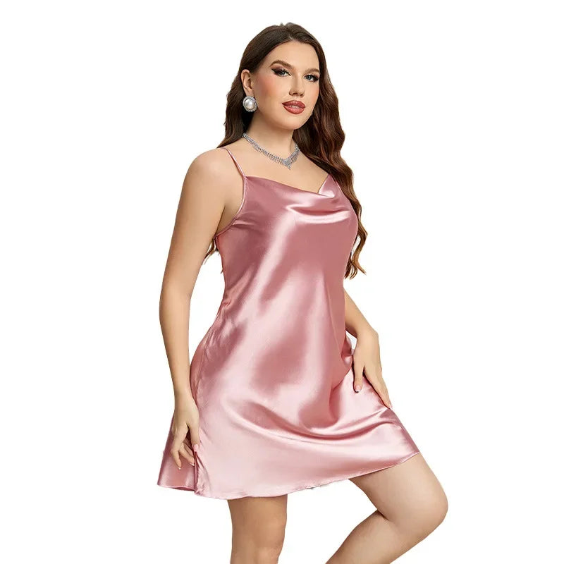 Sexy Solid Color Plus Size Sleepwear for Women Fashion Silk-like Suspender Nightgown Leisure Home Clothes Spring Summer Pajamas
