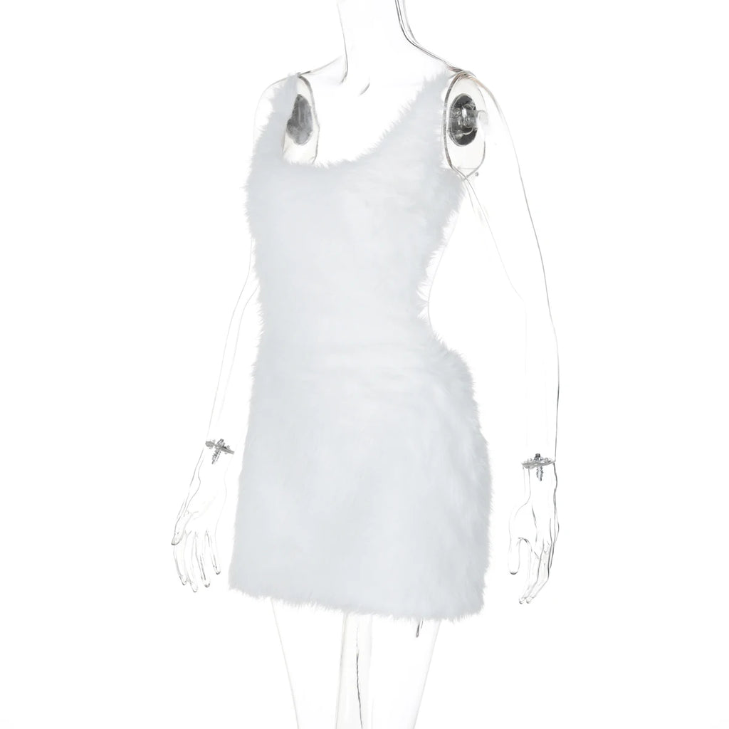 Hugcitar 2025 White Furry Slips Backless Zip Up Sexy Slim Mini Dress Fall Winter Women Fashion Clothes Birthday Party Festival