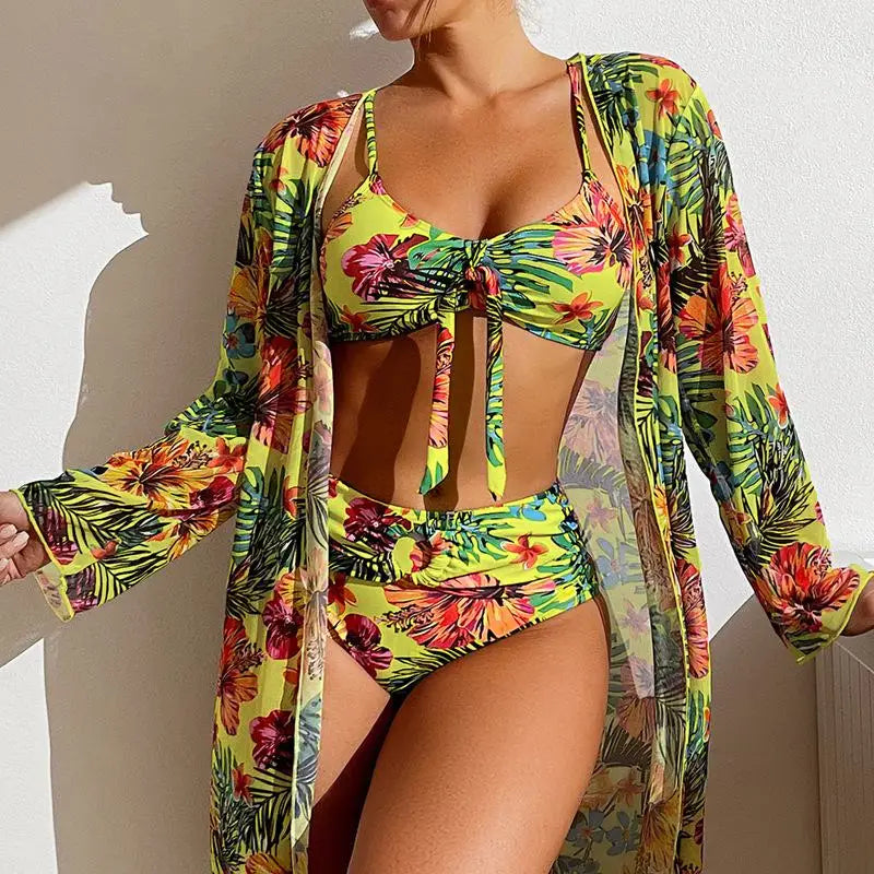 Split Three Piece Floral Printed Swimsuit Women Bikini Set Wireless Bra with Pad Sport Top Long sleeve Blouse Swimwear Plus Size
